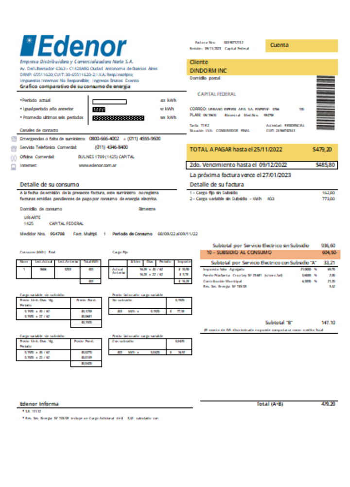 Edenor easy to fill utility business bill SCR PSD template